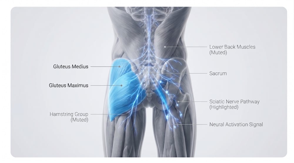 Gluteal Amnesia Anatomical diagram of human lower back, gluteal muscles, and sciatic nerve pathway, highlighting the gluteus medius, gluteus maximus, sacrum, and neural activation signals.