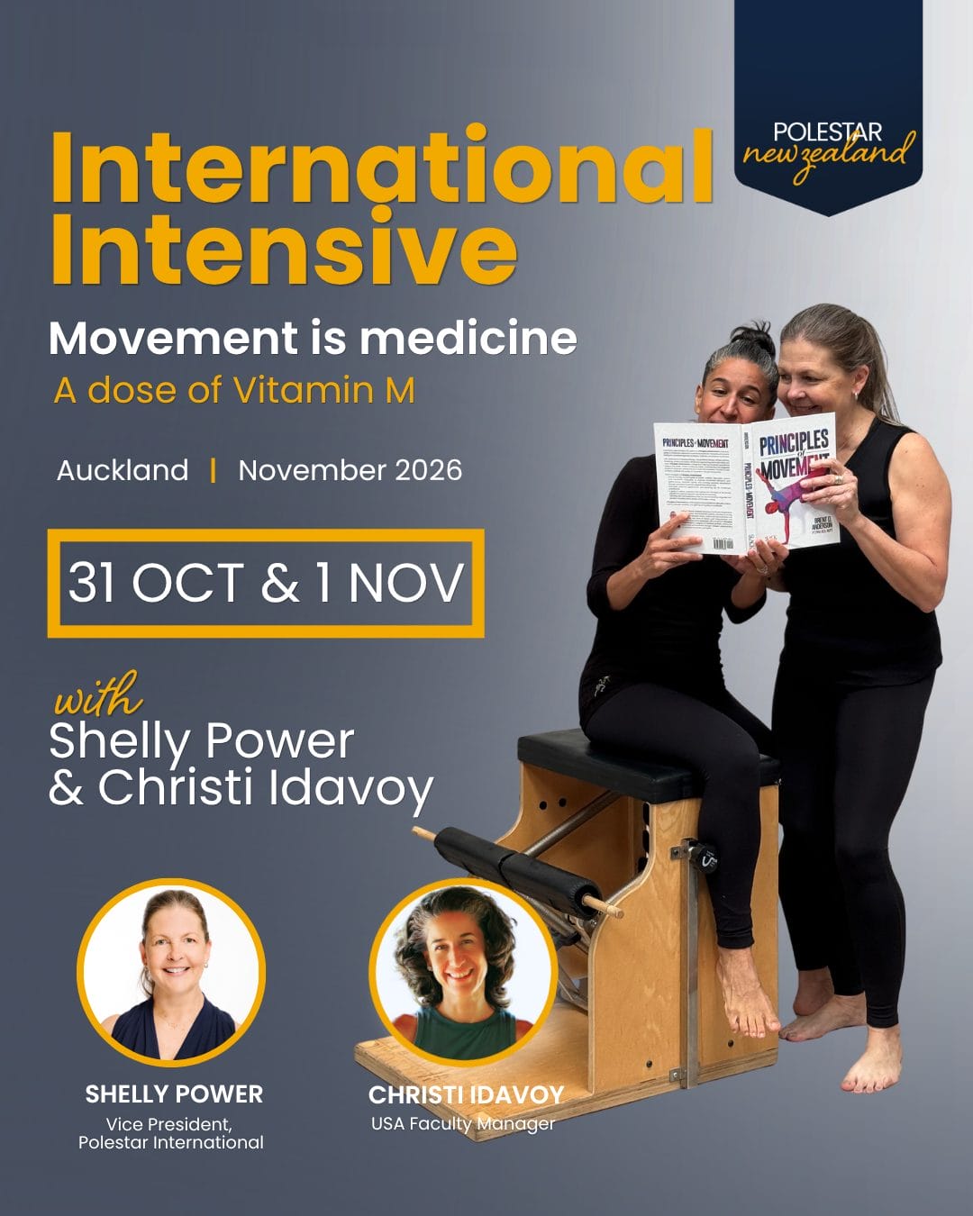 International intensive Polestar Pilates New Zealand International Intensive 2026 event poster with Shelly Power and Christi Idavoy in Auckland.