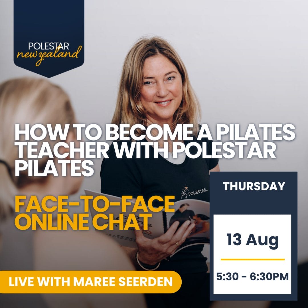 Promotional image for a Polestar Pilates New Zealand online info session on Thursday, 13 August from 5:30 to 6:30 PM titled "How to Become a Pilates Teacher" hosted live with Maree Seerden.